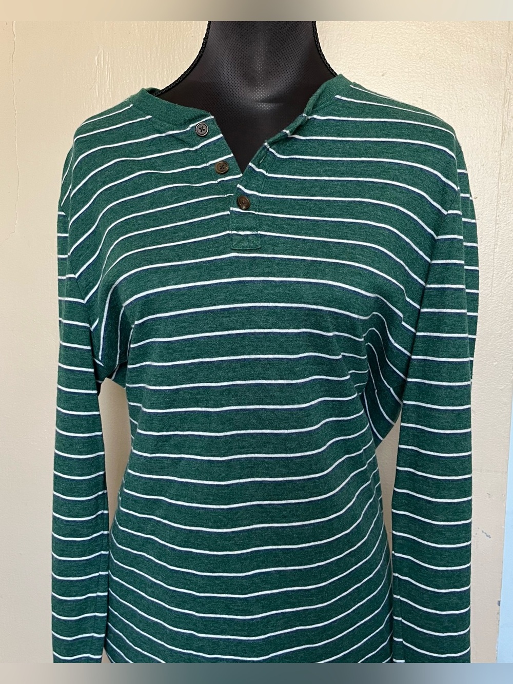 Skater grunge green and white striped henley long sleeve with blue accents
